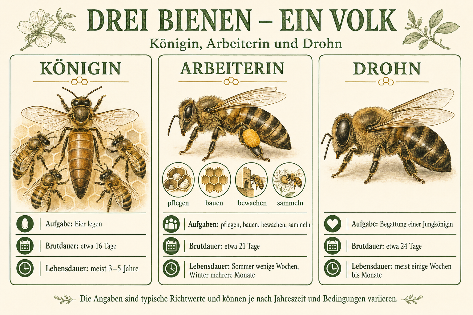 Lehrtafel zu Königin, Arbeiterin und Drohn mit Aufgaben, Brutdauer und Lebensdauer